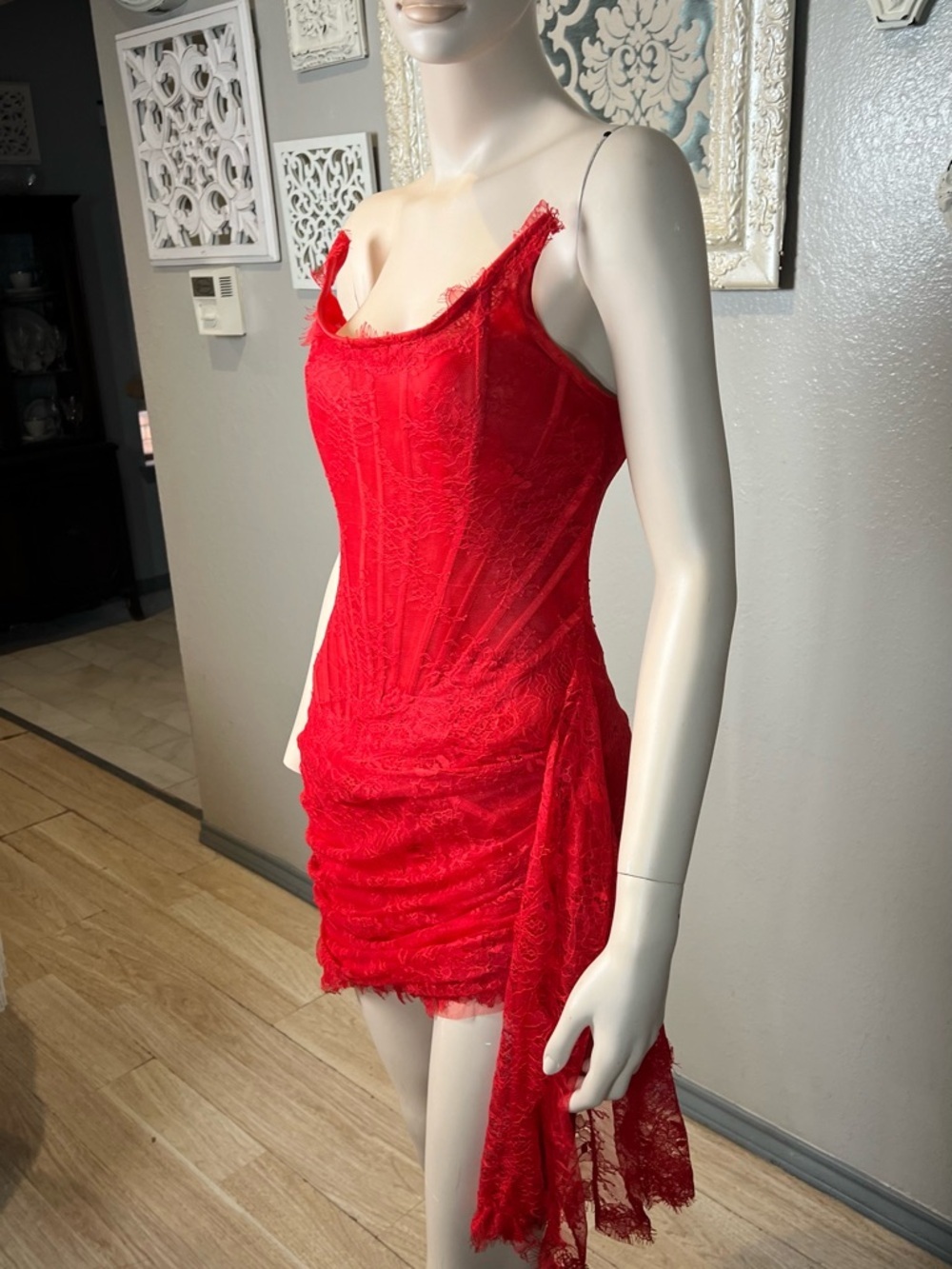 Red Lace Corset Draped Dress